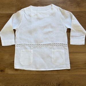 Whyci Milano‎ Italian Linen White Blouse Size 38 Sheer Lace Inset Made in Italy